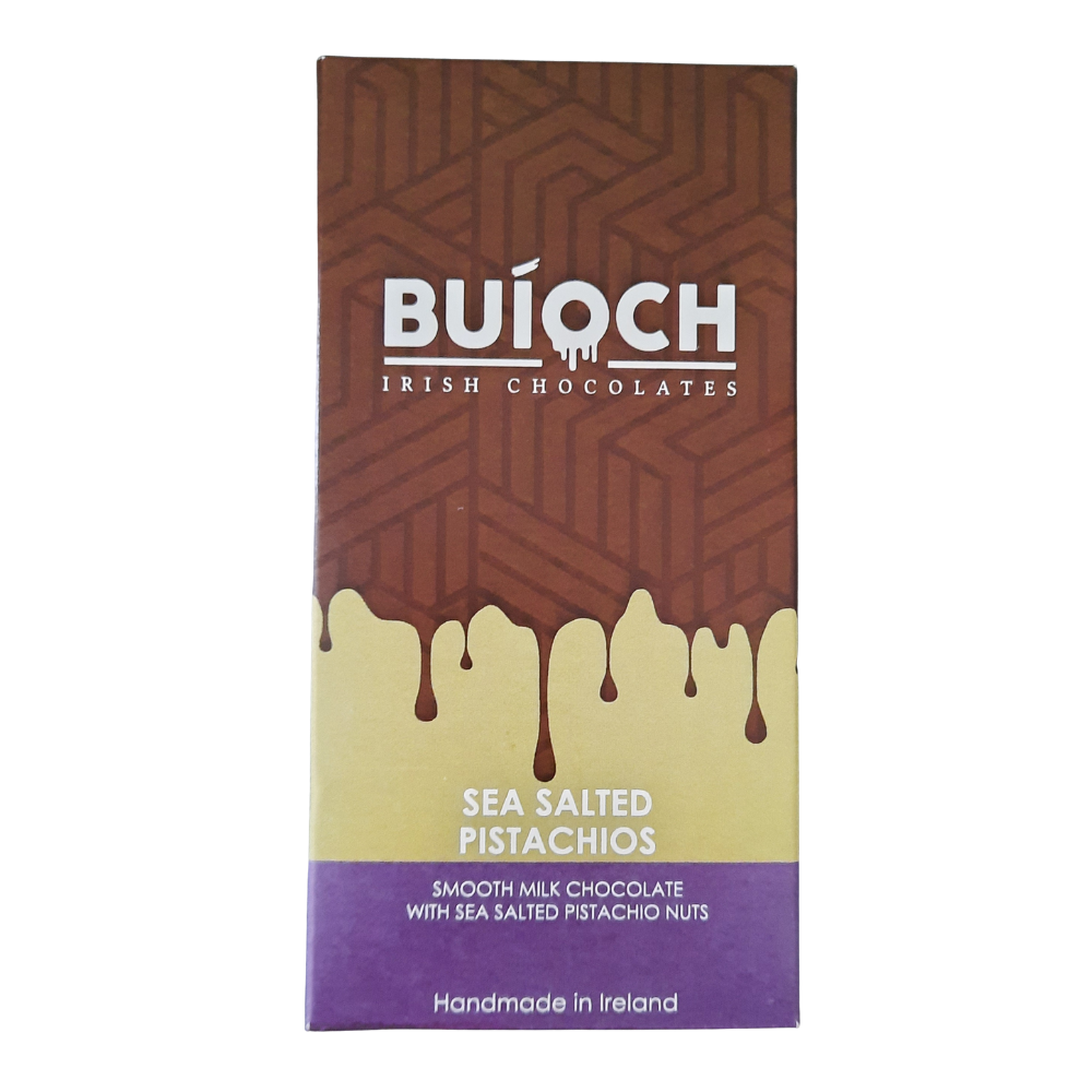 BUÍOCH Tavoletta di Cioccolato al Latte Belga con Pistacchi Tostati e Sale Marino