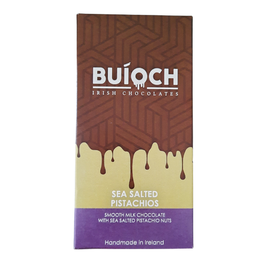 BUÍOCH Tavoletta di Cioccolato al Latte Belga con Pistacchi Tostati e Sale Marino